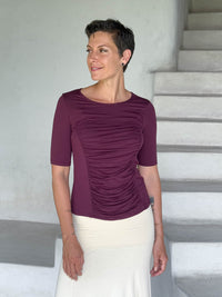 caraucci jersey round neck fitted short sleeve purple top #color_jam