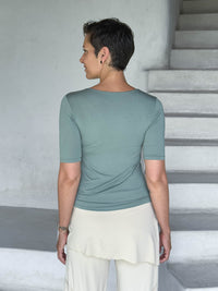 caraucci jersey round neck fitted short sleeve sage green top back view #color_moss