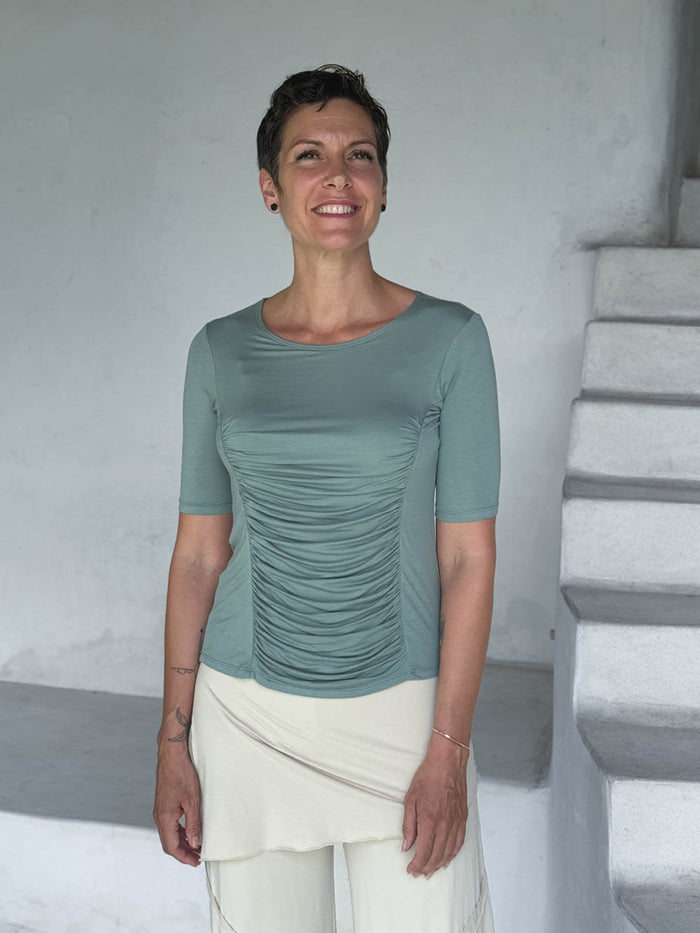 caraucci jersey round neck fitted short sleeve sage green top #color_moss