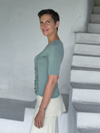 caraucci jersey round neck fitted short sleeve sage green top side view #color_moss