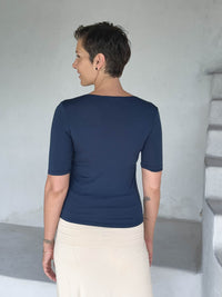 caraucci jersey round neck fitted short sleeve navy blue top #color_navy
