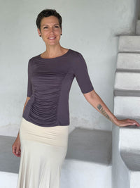 caraucci jersey round neck fitted short sleeve steel gray top #color_steel