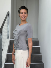 caraucci jersey round neck gray fitted short sleeve top #color_stone