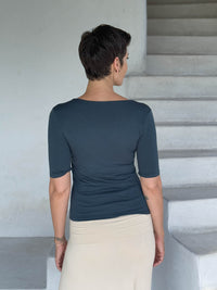 caraucci jersey round neck fitted short sleeve teal blue top #color_teal