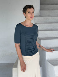 caraucci jersey round neck fitted short sleeve teal blue top #color_teal