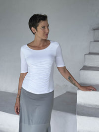 caraucci jersey round neck fitted short sleeve white top #color_white