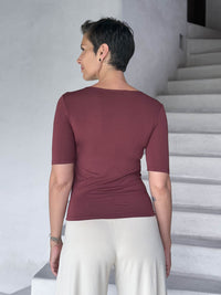 caraucci jersey round neck fitted short sleeve maroon top #color_wine