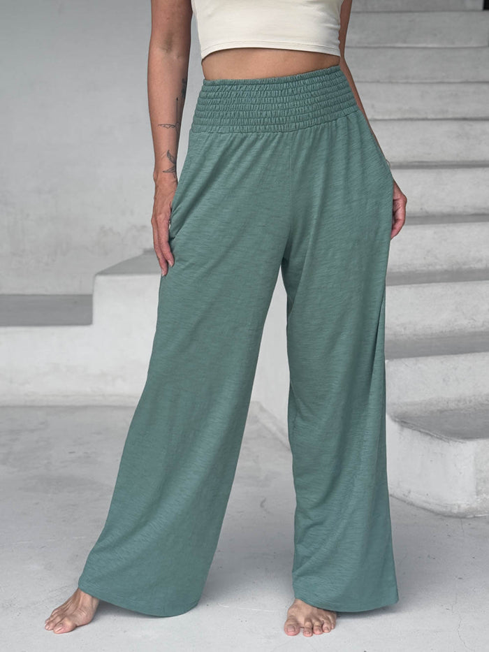 caraucci relaxed fit cotton matcha green pants with pockets #color_matcha