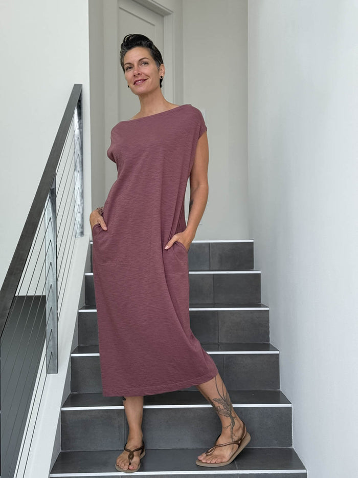 caraucci loose fit pink cotton dress with pockets #color_mangosteen