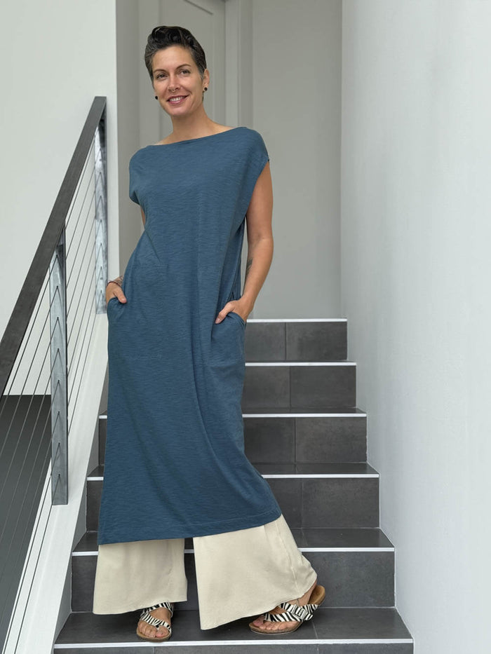 caraucci loose fit blue cotton dress with pockets with pants #color_pacific