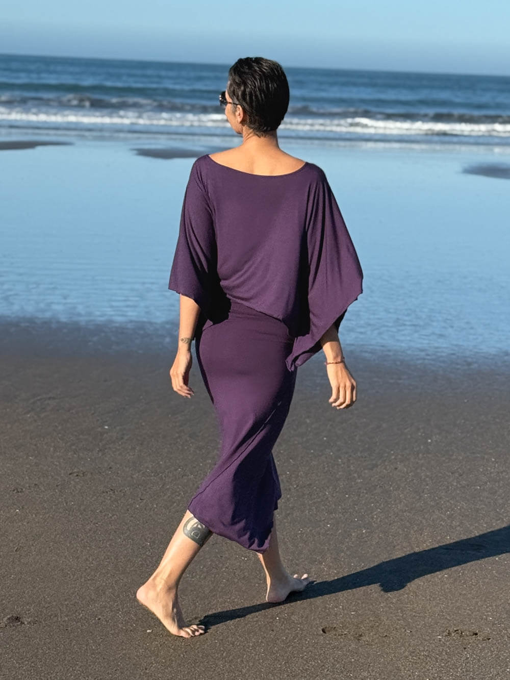 caraucci stretch rayon jersey asymmetrical purple midi skirt #color_plum