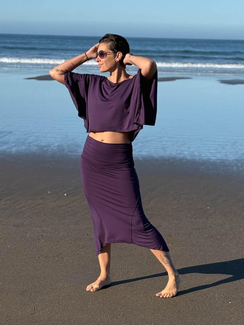 caraucci stretch rayon jersey asymmetrical purple midi skirt #color_plum
