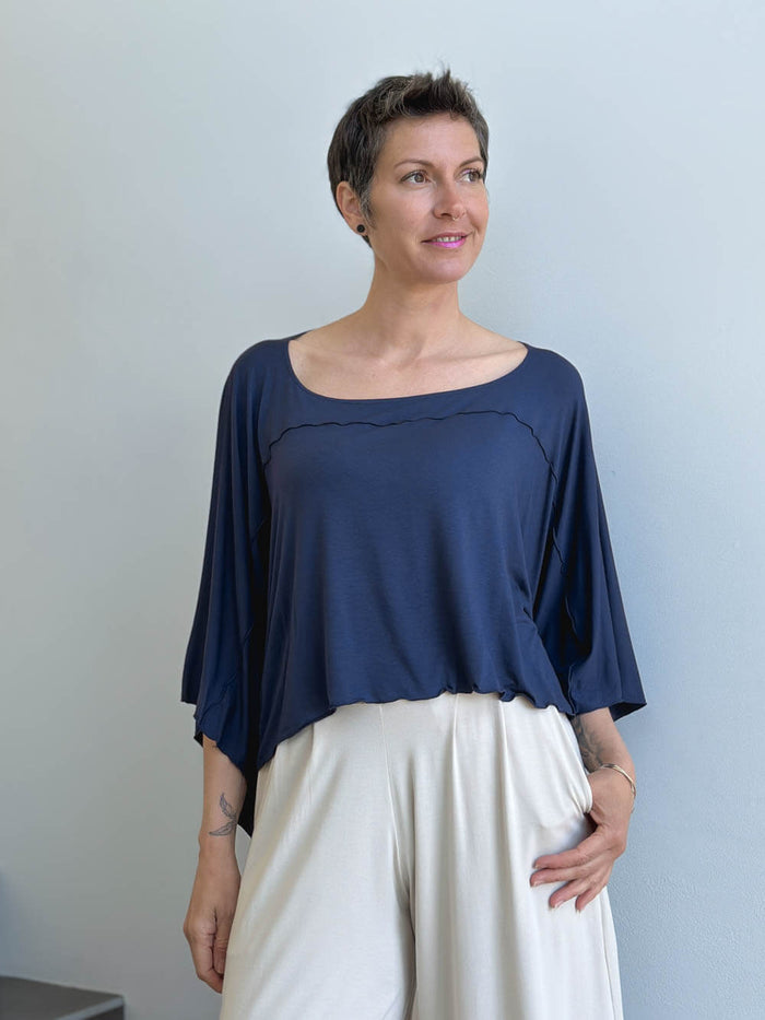 carauccI women's jersey navy blue loose fit wide neck top  #color_navy