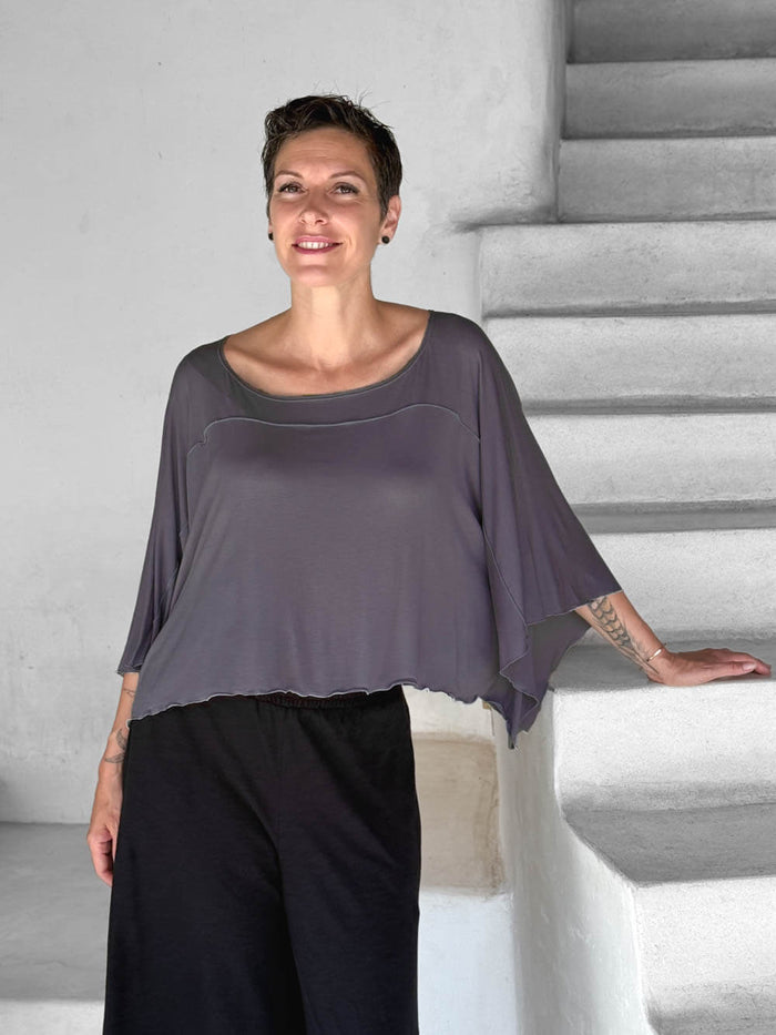 carauccI women's jersey loose fit wide neck steel gray top  #color_steel