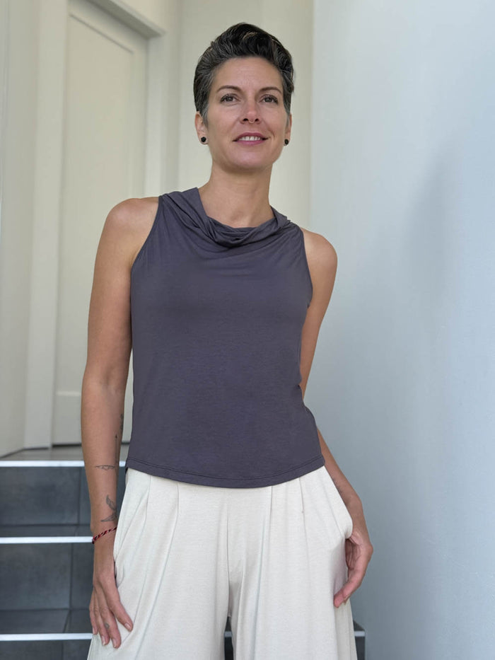 caraucci racerback cowl neck steel grey tank top #color_steel
