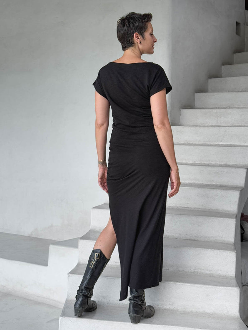 caraucci black cotton ruched midi dress with cap sleeves and side slit #color_black