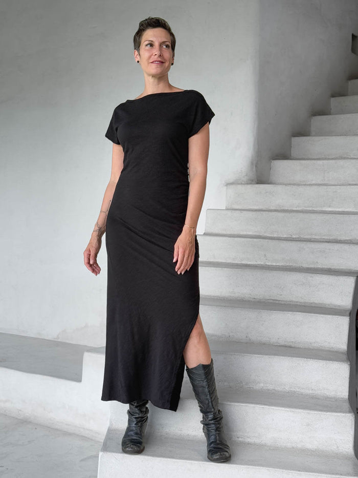 caraucci black cotton ruched midi dress with cap sleeves and side slit #color_black