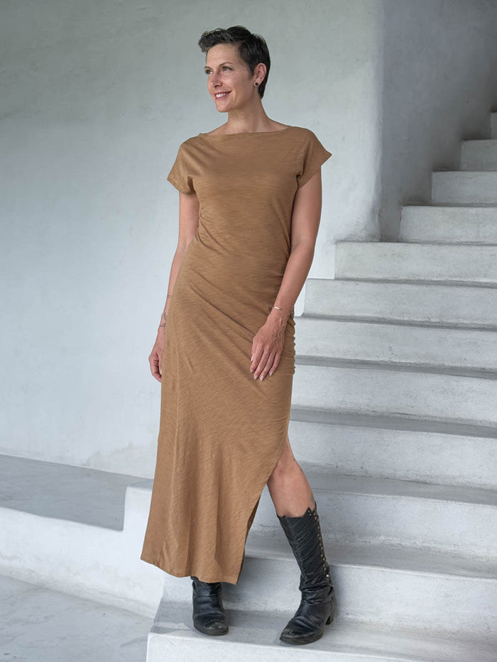 caraucci camel cotton ruched midi dress with cap sleeves and side slit #color_camel