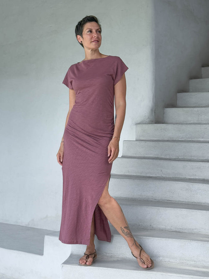 caraucci pink cotton ruched midi dress with cap sleeves and side slit #color_mangosteen