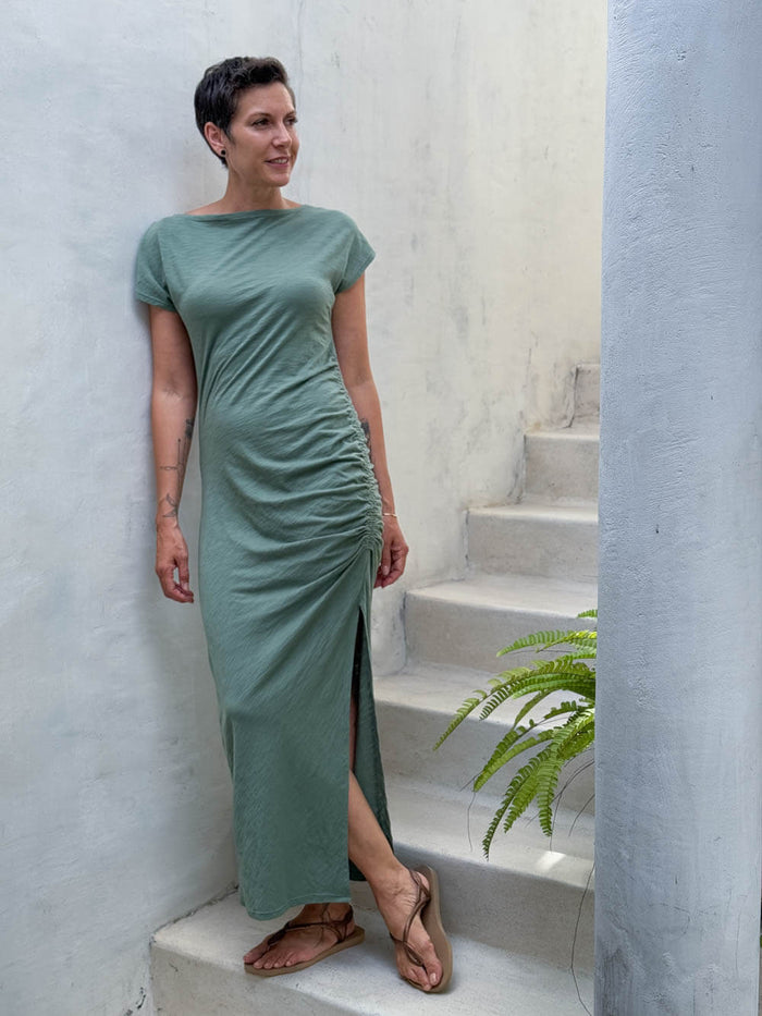caraucci matcha green cotton ruched midi dress with cap sleeves and side slit #color_matcha