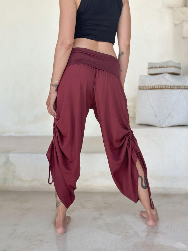 women's natural rayon lightweight loose fit adjustable maroon side ruched pants with stretchy wide waistband #color_wine