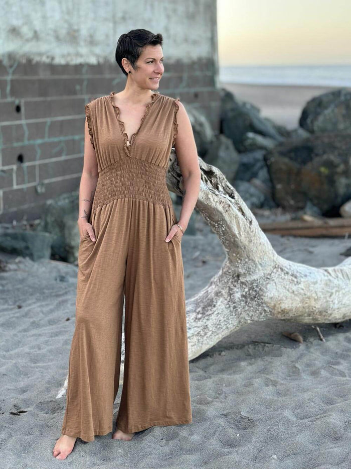 caraucci golden brown cotton one piece ruffle pantsuit with smocked waistband #color_camel