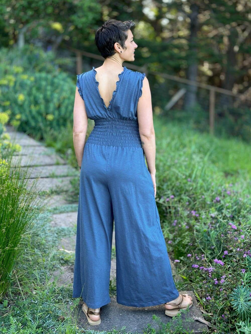 caraucci denim blue cotton one piece ruffle pantsuit with smocked waistband #color_pacific