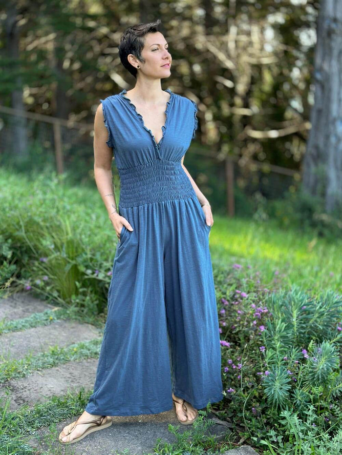 caraucci denim blue cotton one piece ruffle pantsuit with smocked waistband #color_pacific