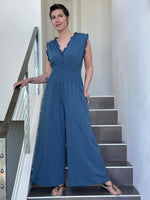 caraucci denim blue cotton one piece ruffle pantsuit with smocked waistband #color_pacific