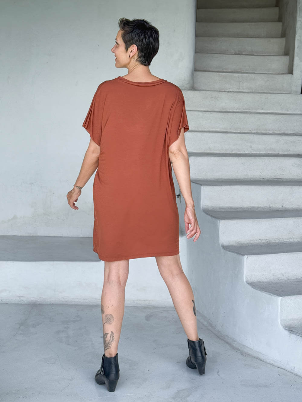 caraucci-woman-wearing-copper-v-neck-tunic-as-a-dress #color_copper