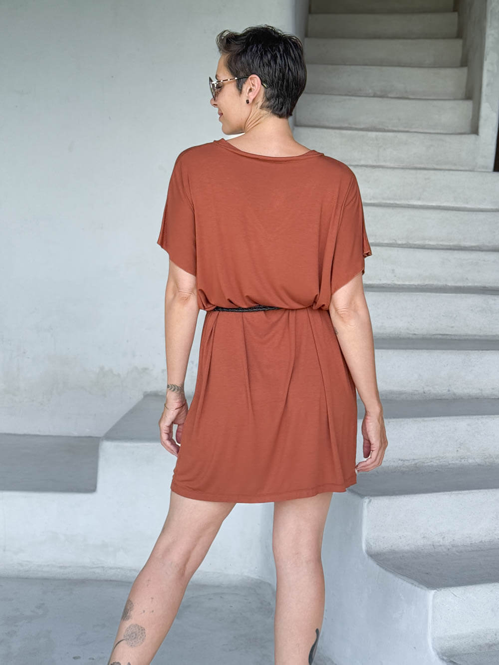 caraucci-woman-wearing-copper-v-neck-tunic-as-a-dress-with-a-belt #color_copper