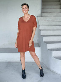 caraucci-woman-wearing-copper-v-neck-tunic-as-a-dress #color_copper