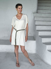 caraucci-woman-wearing-cream-v-neck-tunic-as-a-dress-with-a-belt #color_cream
