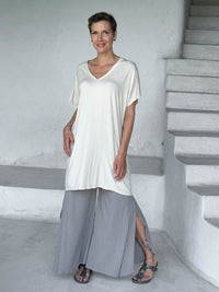 women's stone grey slit flow pants loose cream v-neck tunic #color_stone