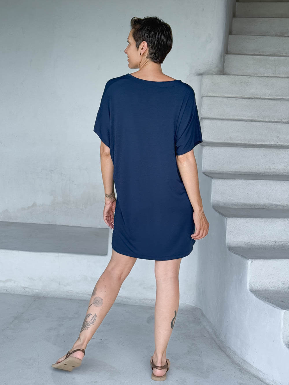 caraucci-woman-wearing-navy-blue-v-neck-tunic-as-a-dress #color_navy