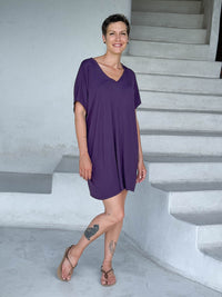 caraucci-woman-wearing-purple-v-neck-tunic-as-a-dress #color_plum