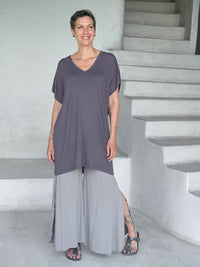 women's stone grey slit flow pants loose steel v-neck tunic #color_stone
