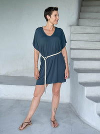 caraucci-woman-wearing-teal-v-neck-tunic-as-a-dress-with-a-belt #color_teal