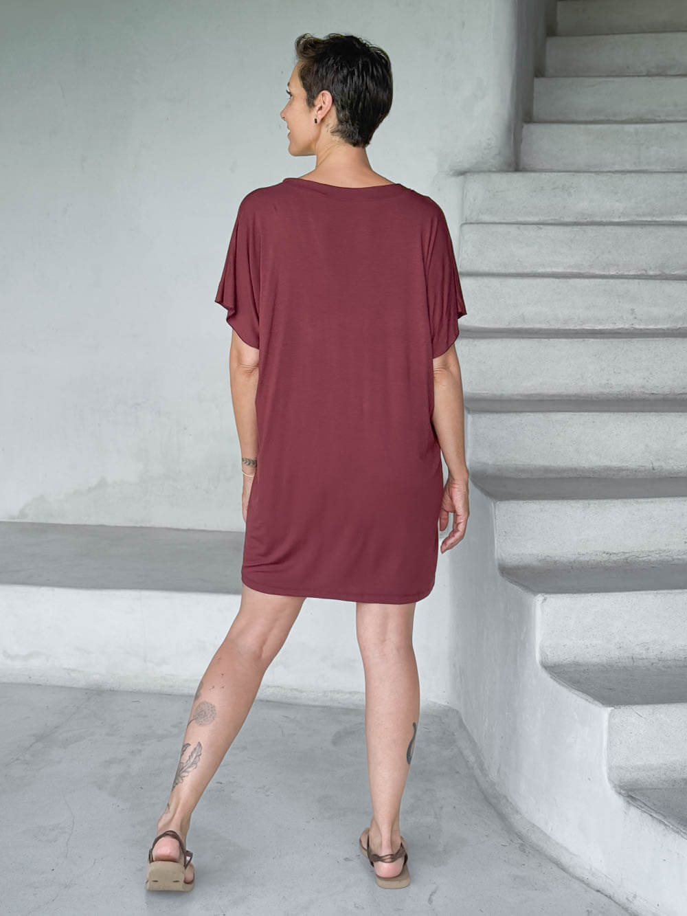 caraucci-woman-wearing-maroon-v-neck-tunic-as-a-dress #color_wine