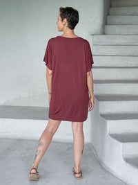 caraucci-woman-wearing-maroon-v-neck-tunic-as-a-dress #color_wine