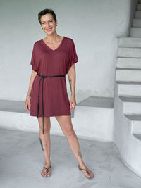caraucci-woman-wearing-maroon-v-neck-tunic-as-a-dress-with-a-belt #color_wine