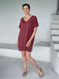 caraucci-woman-wearing-maroon-v-neck-tunic-as-a-dress #color_wine