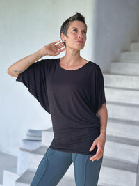 caraucci women's lightweight short sleeve black loose fit top #color_black