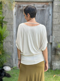 caraucci women's lightweight short sleeve cream loose fit top #color_cream