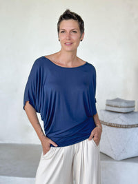 caraucci women's lightweight short sleeve navy blue loose fit top #color_navy
