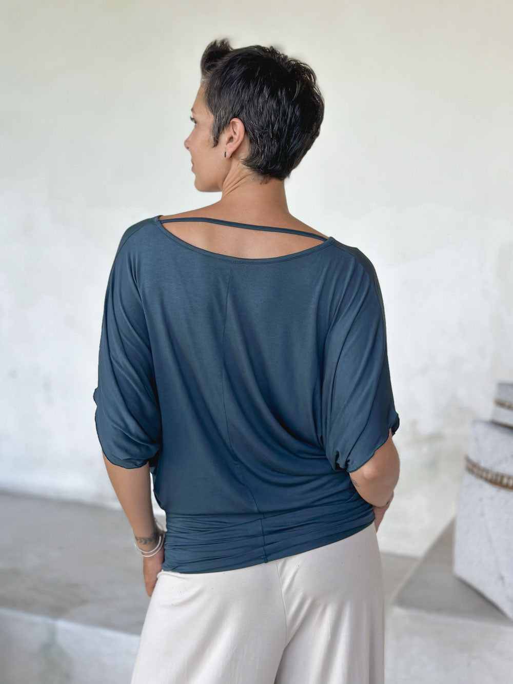 caraucci women's lightweight short sleeve teal blue loose fit top #color_teal