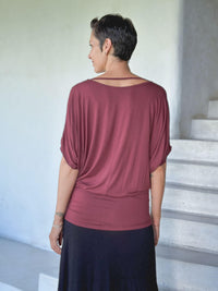 caraucci women's lightweight short sleeve maroon loose fit top #color_wine