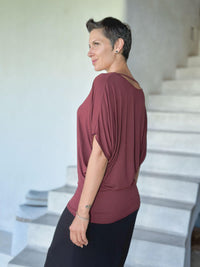 caraucci women's lightweight short sleeve maroon loose fit top #color_wine