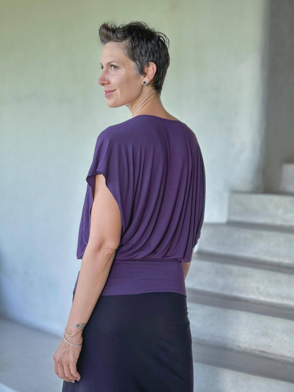 #caraucci women's purple lightweight short sleeve loose fit top #color_plum