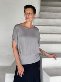 caraucci women's light grey lightweight short sleeve loose fit top #color_stone